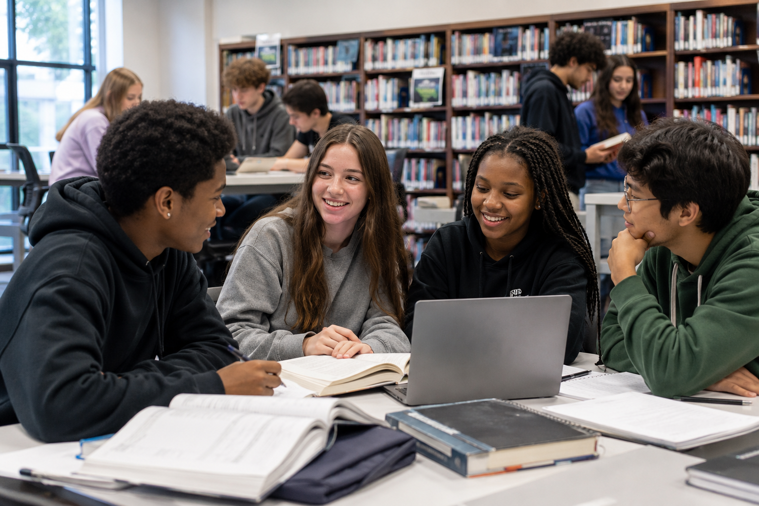 Diverse students studying together in a library