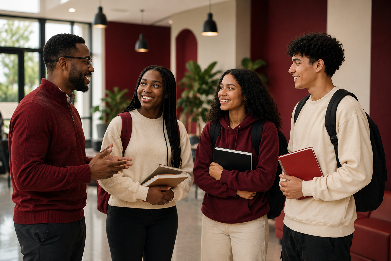 A mentor talking with three college students holding books in a campus lounge