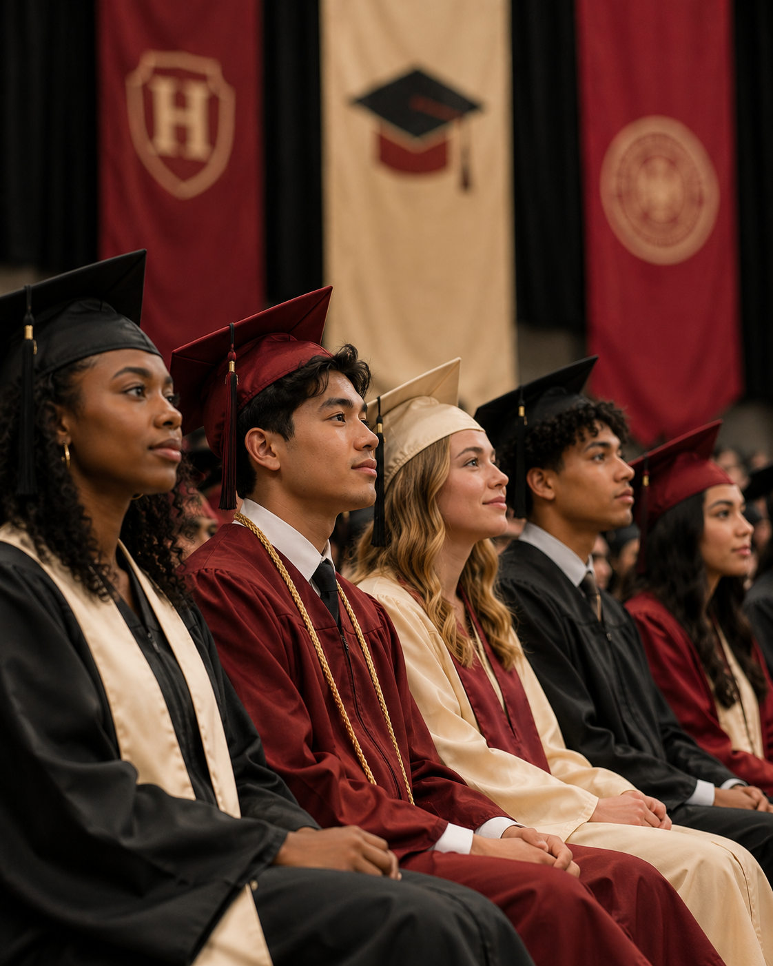 Graduates seated in caps and gowns at a commencement ceremony