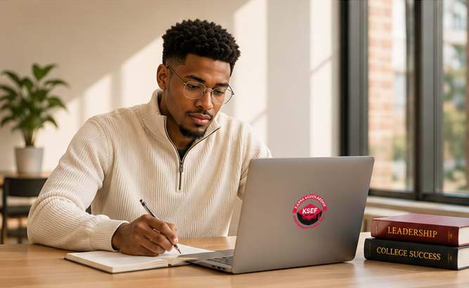 A KSEF scholar studying at a laptop with notebooks and college success books